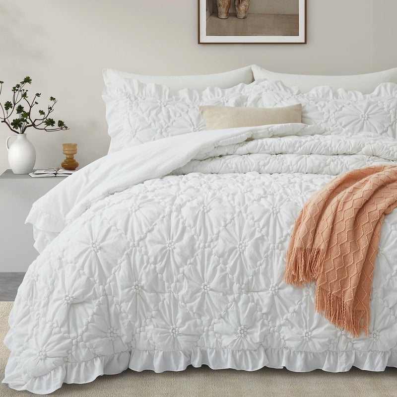 BEDAZZLED Queen Size Comforter Sets  White Bedding Comforter Set  3 Pieces Pinch Pleat Bedding Sets with Comforter and Pillowcases Soft Farmhouse Shabby Chic Comforter for All Season - Image 1